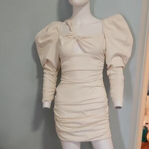 PrettyLittleThing Cream Puff-Sleeve Twist Front Mini Dress